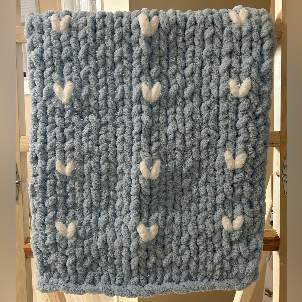 Hand-Knit Blue Baby Blanket with White Hearts